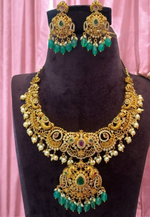Load image into Gallery viewer, Beautiful short necklace with moissanite stones and nakshi finish with guttapusalu hangings
