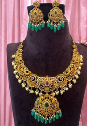 Beautiful short necklace with moissanite stones and nakshi finish with guttapusalu hangings