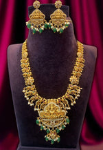 Load image into Gallery viewer, Beautiful short necklace with green Beads and god Laxmi Devi motive pendant
