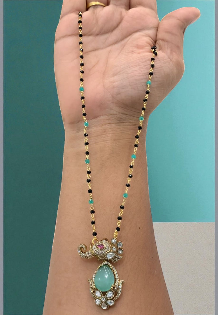 Beautiful black beads chain with blue stone pendant with elephant designed