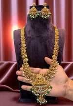 Load image into Gallery viewer, Beautiful long nakshi haram with green stone and guttapusalu hangings
