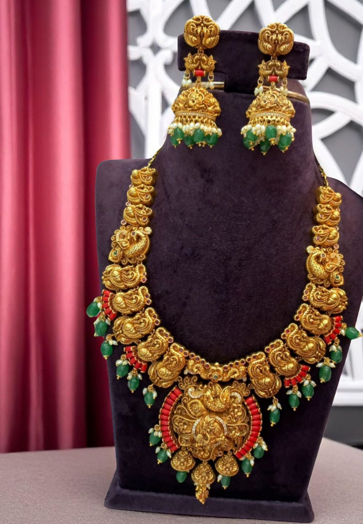 Beautiful mini haram with peacock design ruby coral and green combination