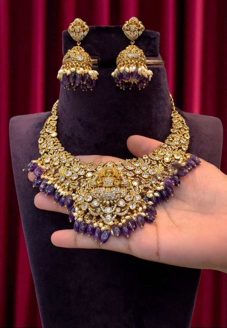 Beautiful neck chocker with god Laxmi Devi motive and purple beads