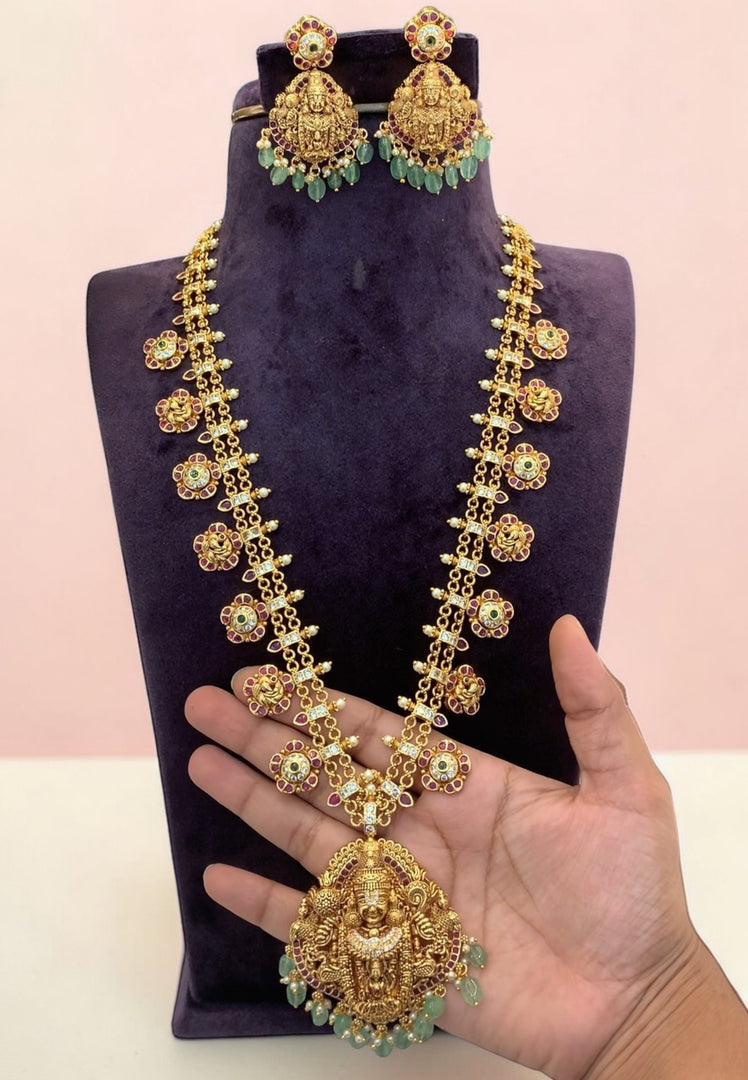 Traditional long haram with green beads and nakshi polish