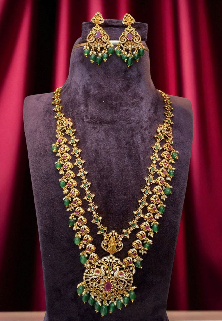 Traditional two layer long haram with green and pink stone combination