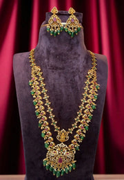 Traditional two layer long haram with green and pink stone combination