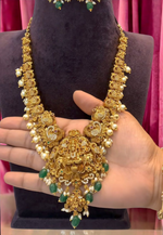 Load image into Gallery viewer, Beautiful long haram with green beats and white pearls hangings
