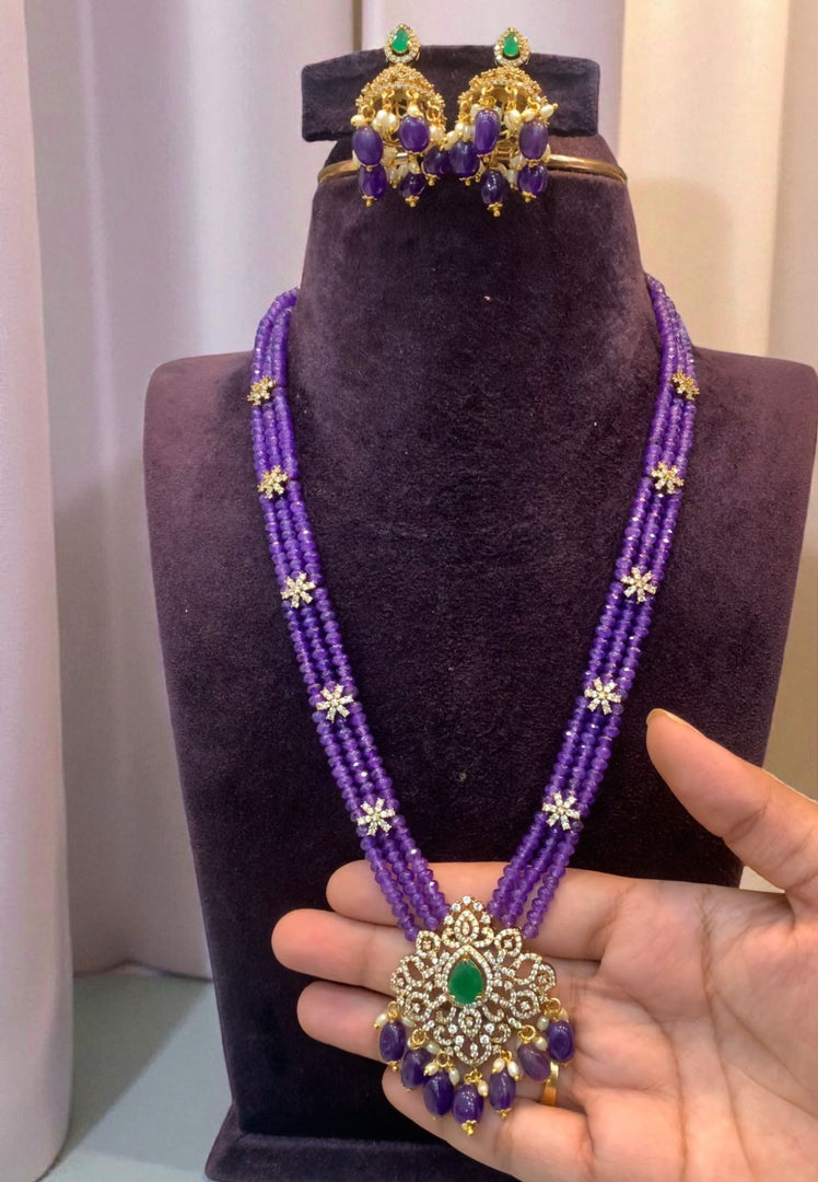 Beautiful beads haram with purple beads and green stone pendant