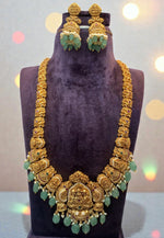 Load image into Gallery viewer, Traditional 3d long haram with gold finishing and mint green beads