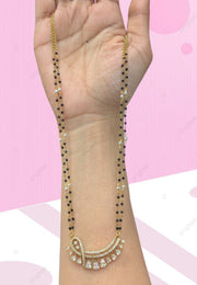 Two layer black beads chain with uncut stone pendant