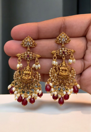 Beautiful earrings with God  laxmi motive -ruby and guttapusalu hangings