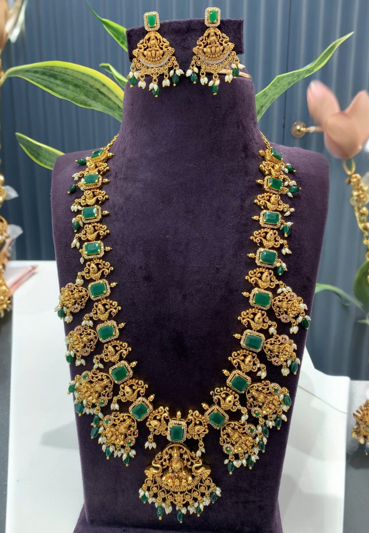 Beautiful long haram with green beads and stone