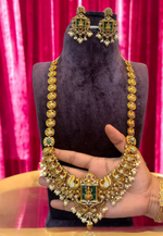 Load image into Gallery viewer, Beautiful nakshi long haram with god Laxmi Devi motive and guttapusalu hangings
