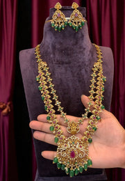 Traditional two layer long haram with green and pink stone combination
