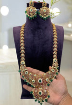 Load image into Gallery viewer, Beautiful jadav kundan stone long haram with green beads

