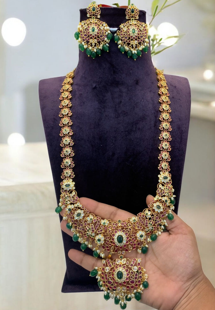 Beautiful jadav kundan stone long haram with green beads