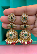 Load image into Gallery viewer, Beautiful jumkhas with green stone and ruby colour stone and guttapusalu hangings
