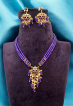 Load image into Gallery viewer, Three layer monalisa beads chain with purple colour stones -guttapusalu and purple stone hanging
