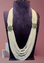 Load image into Gallery viewer, Handmade beads mala with pearls and two pendants with green colour stone
