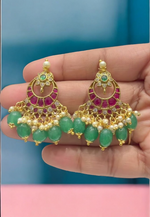Load image into Gallery viewer, Stunning earrings with green stone and guttapusalu hangings
