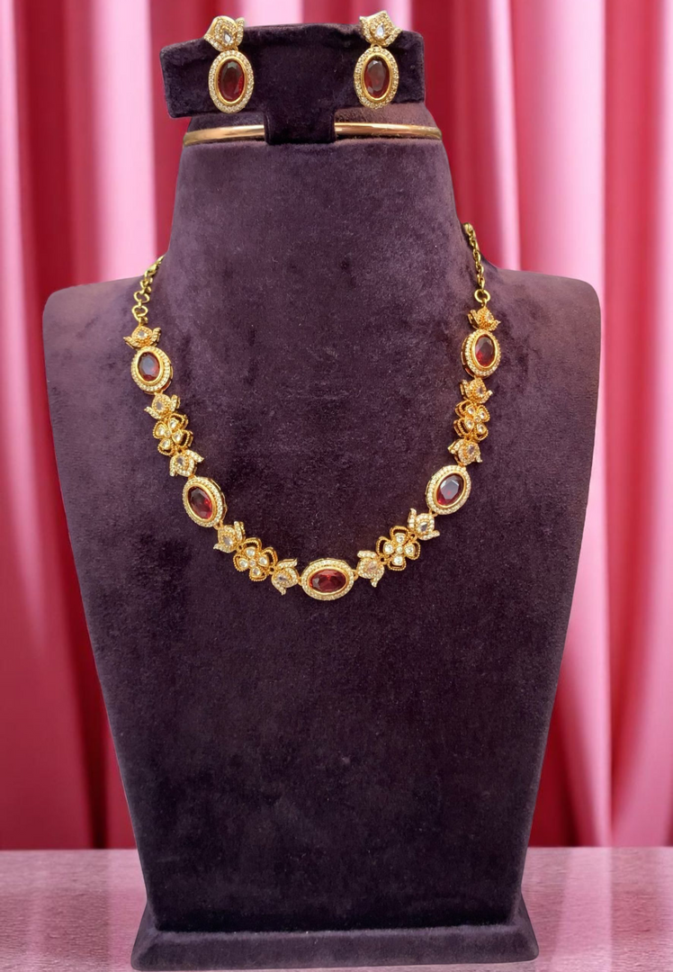 Simple short necklace with ruby colour stone -pairing with beautiful earrings