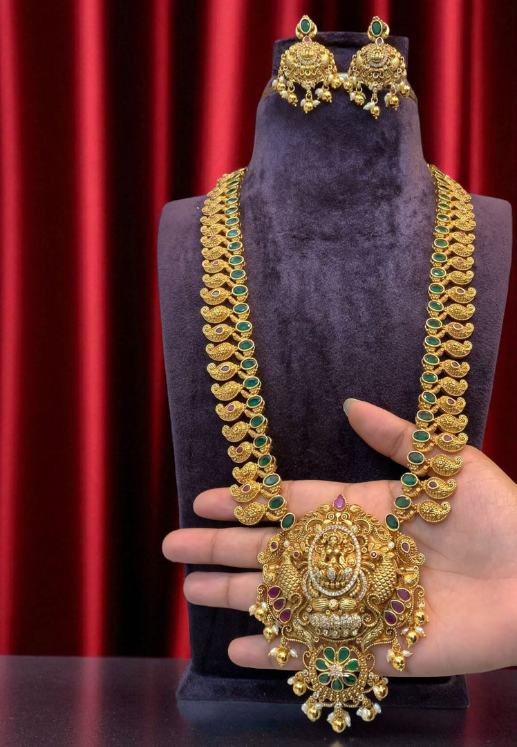 Traditional long nakshi haram with green and pink stone