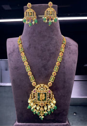 Beautiful short necklace with lord narsimha swami locket with multistone and guttapusalu hangings