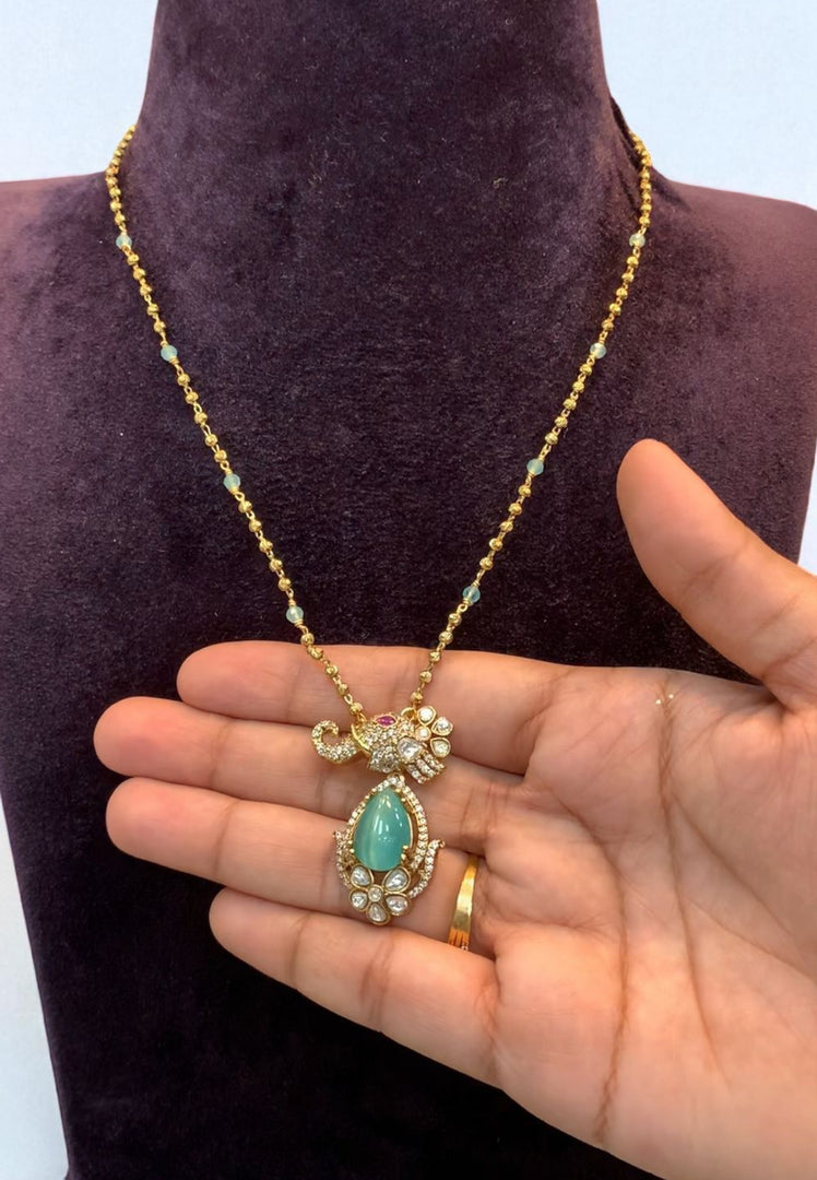 Beautiful simple chandraharam chain with Vinayaka pendant with blue colour