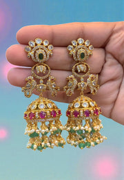 Beautiful jumkhas with green and pink stone and guttapusalu hangings