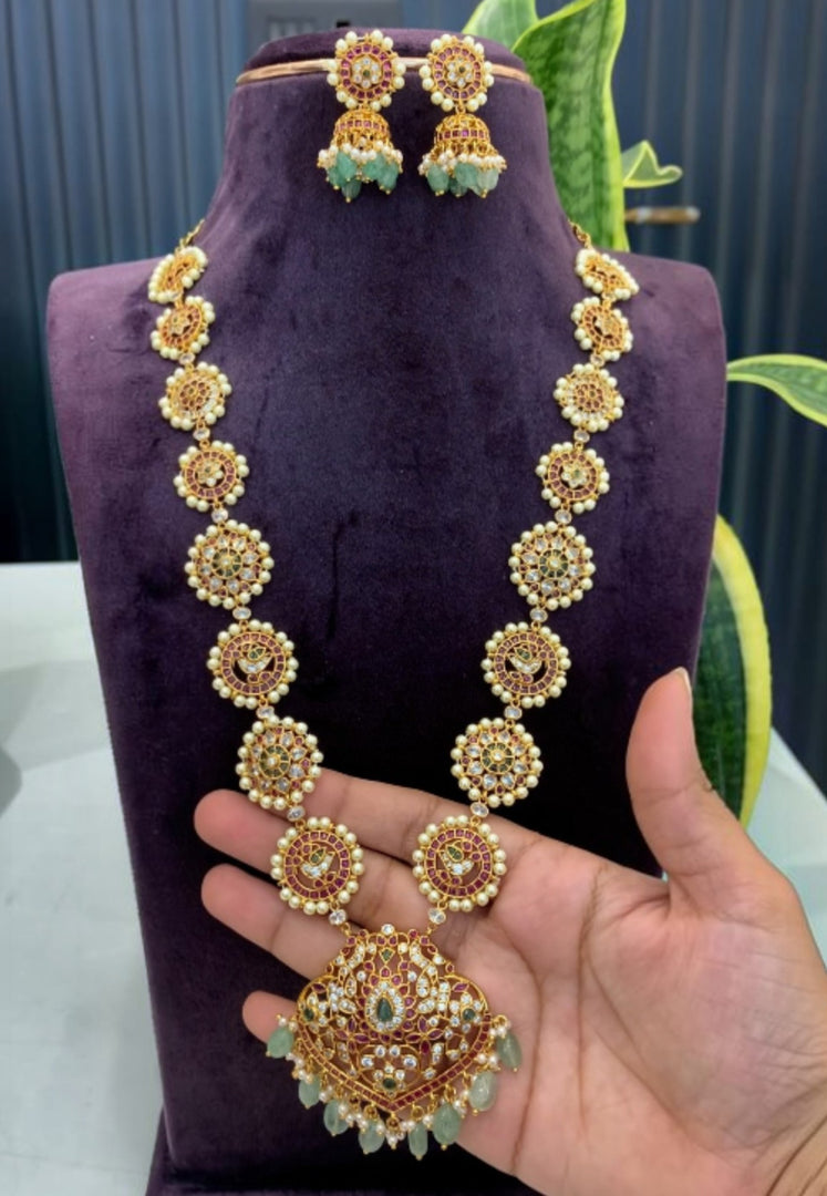 Long Haram with Green Beads & Kundan Stone