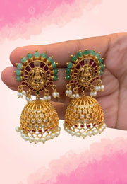 Traditional jhumkas with God laxmi motive and green stone