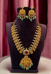 Traditional mini haram with green and pink stone with god Laxmi Devi motive